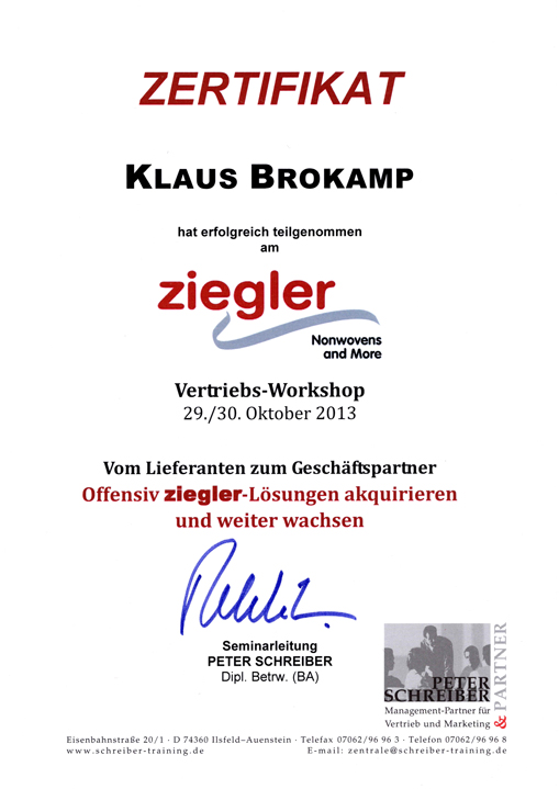 Zertifikat Schreiber 2013 | Vertriebstraining B2B - Klaus Brokamp